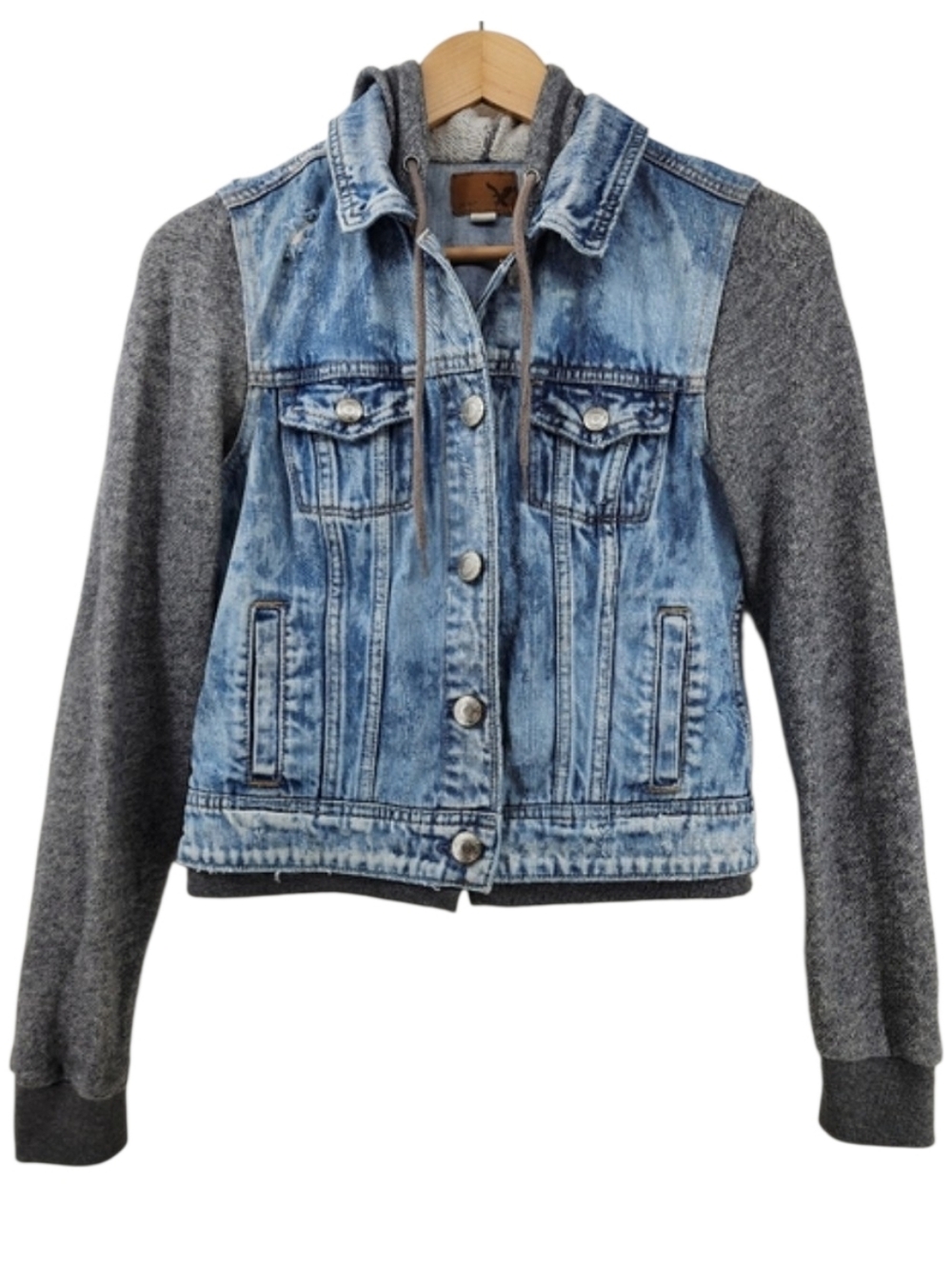 American Eagle Outfitters Distressed Jean Jacket Hoodie Women's Size Small